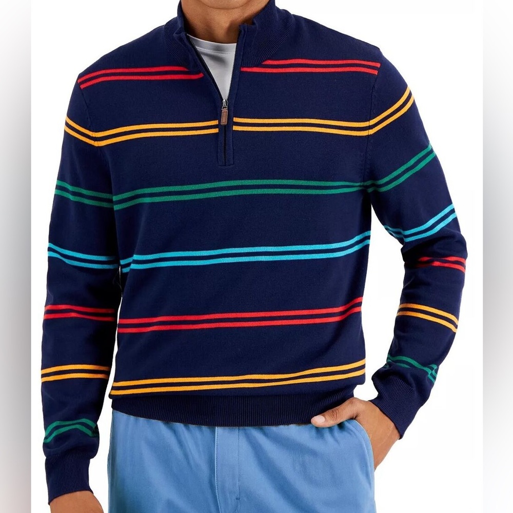 Mens Club Room Stripped Escape Quarter Zip Long Sleeve Sweater NWT - B1 Size XL
